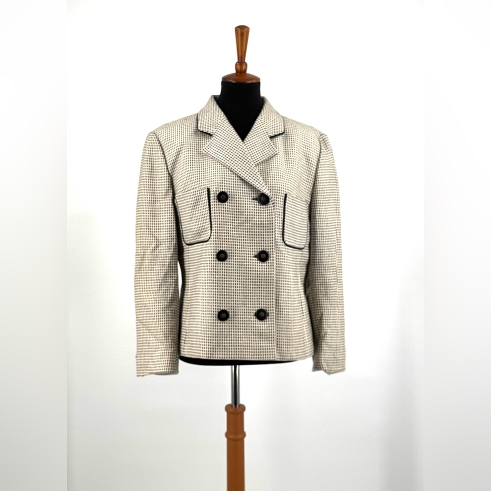 Louis Féraud Vintage 1990’s Double Breasted Wool Off White Black Blazer Size 12